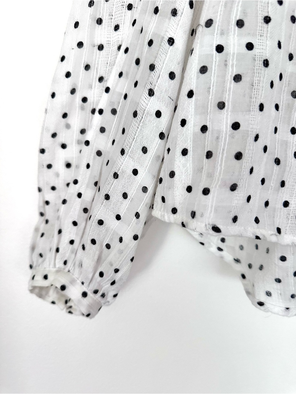 Zara White Sheer Blouse with Black Polka Dots and Tie Neck Size Small - Picture 4 of 9